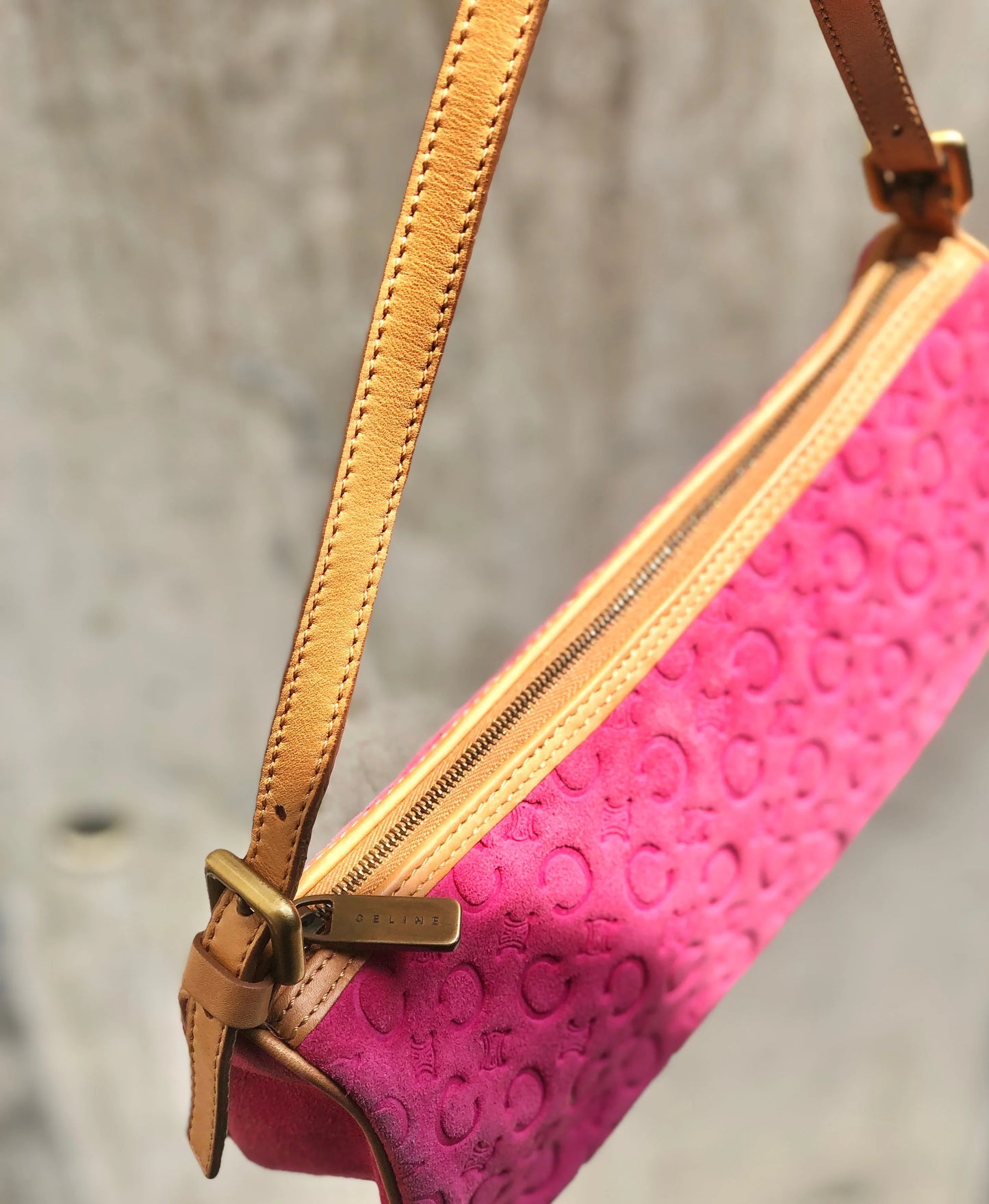 CELINE C Macadam Suede Leather Accessory Pouch Hobo Mini Bag Shoulder Bag Pink Camel vintage Old Celine ysm4yh