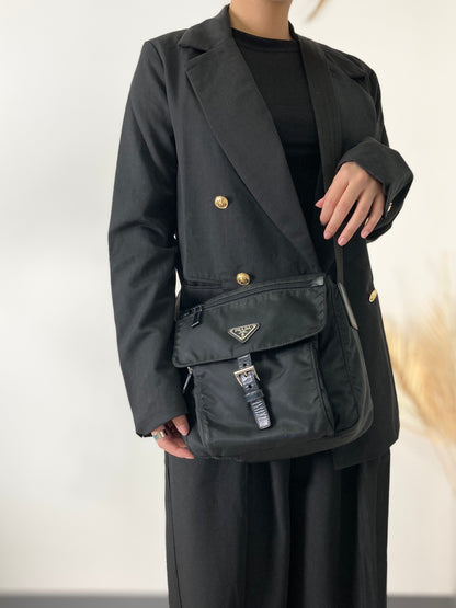 PRADA Triangle Logo Front Buckle Nylon Leather Shoulder bag Black Vintage ykd4wx