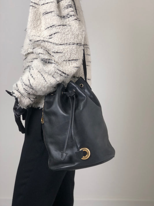 CELINE Circle Logo Drawstring Shoulder bag Black Vintage g3ixde