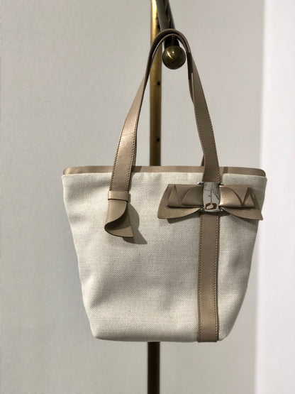 Salvatore Ferragamo Vala 絲帶帆布手提包托特包米色復古舊款 gcyi7z