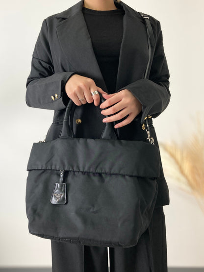 PRADA Triangle Logo Logo Motif Nylon Reversible Handbag Black Vintage arvf8t