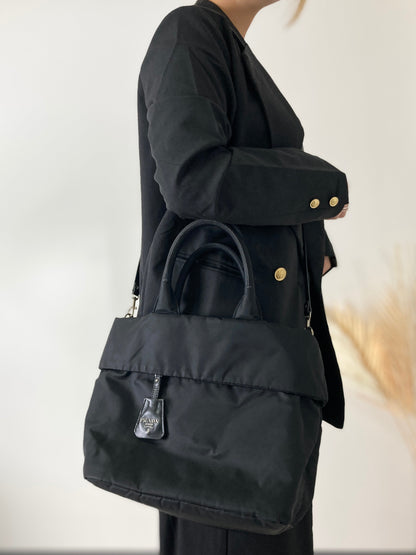 PRADA Triangle Logo Logo Motif Nylon Reversible Handbag Black Vintage arvf8t