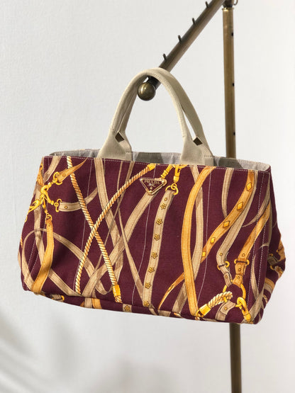 PRADA CANAPA Triangle Logo Full Patterns Tote bag Brown Vintage Old k8v4gs