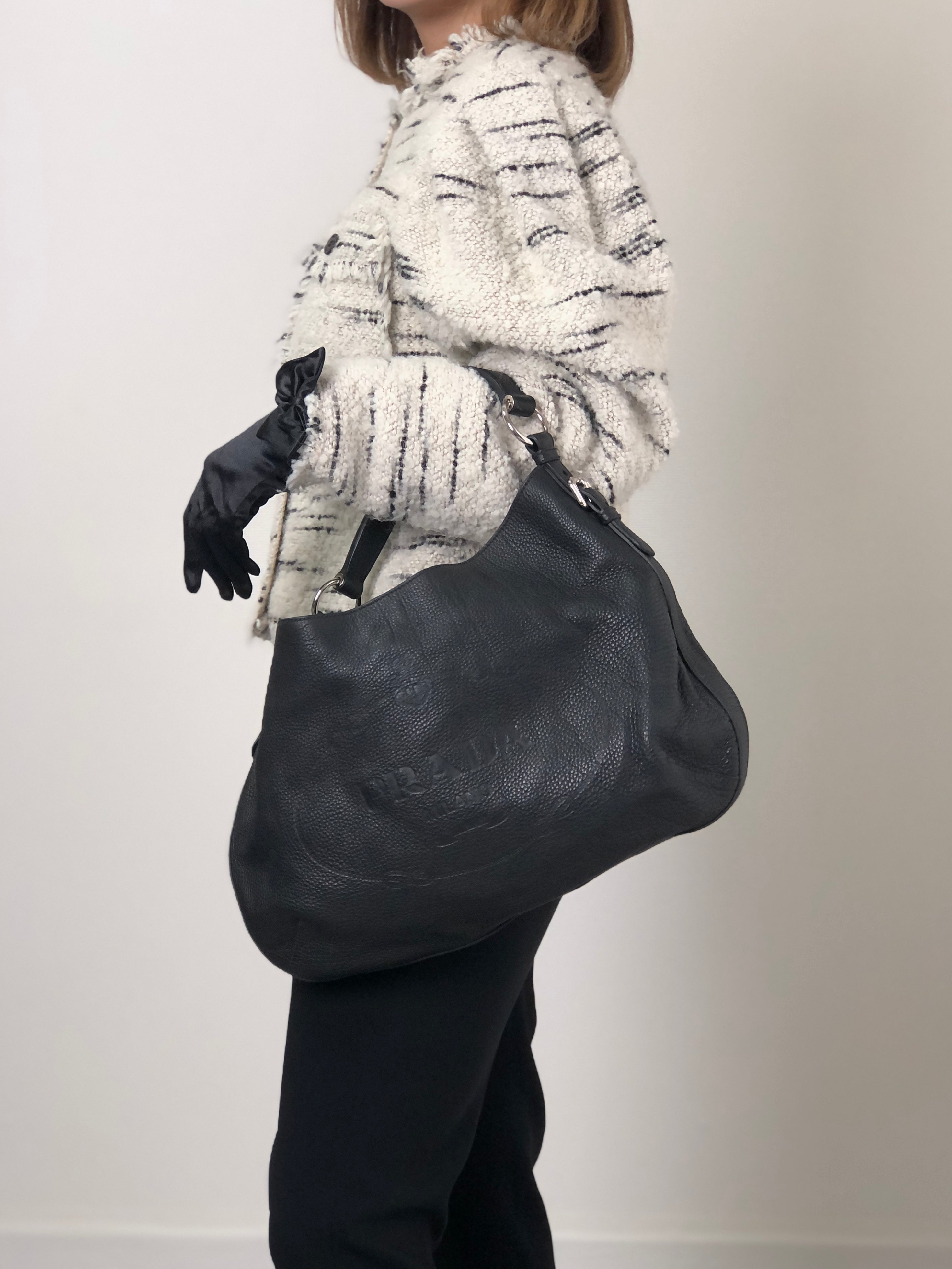 vintage PRADA ハンドバッグ Vintage PRADA Black Leather Metal Frame Dr Bag Cerniera Double