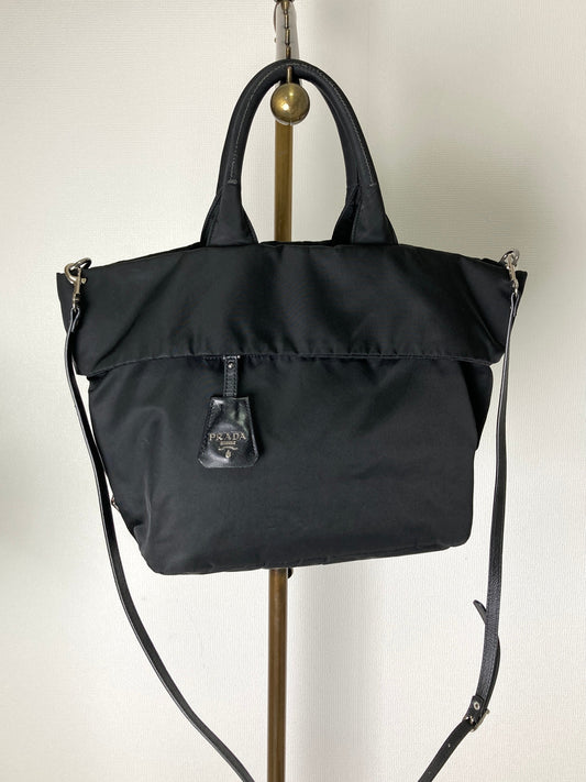 PRADA Triangle Logo Logo Motif Nylon Reversible Handbag Black Vintage arvf8t