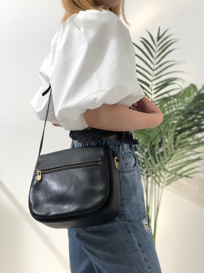 CELINE Front Zippier Flap Leather Shoulder bag Black Vintage Old Celine dbaxwe