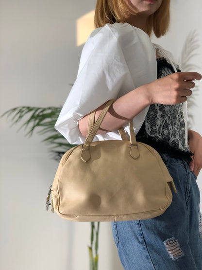 PRADA Embossed Logo Leather Boston bag Handbag Beige Vintage Old