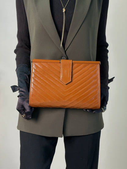 Yves Saint Laurent YSL Logo Cassandra Bias Stitch Clutch bag Brown Vintage i6mndi