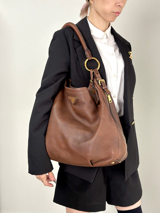 PRADA Triangle Logo Shoulder bag Hobobag Brown Vintage ajvtv2