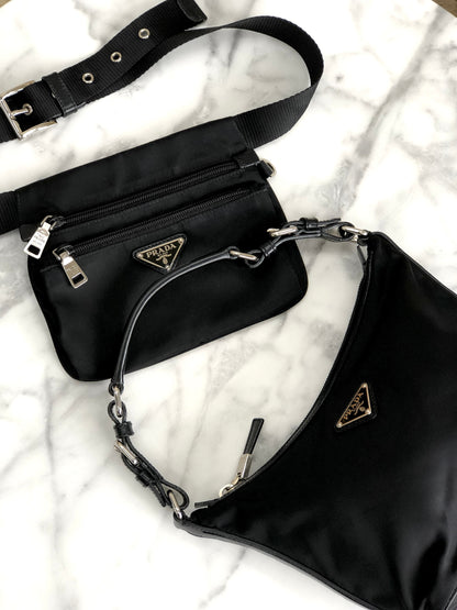 PRADA Triangle logo Nylon Waist bag Black Vintage sh566s