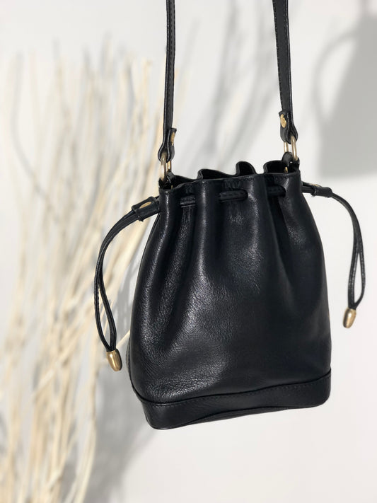 CELINE Drawstring Leather Shoulder bag Black Vintage Old Celine pixvug