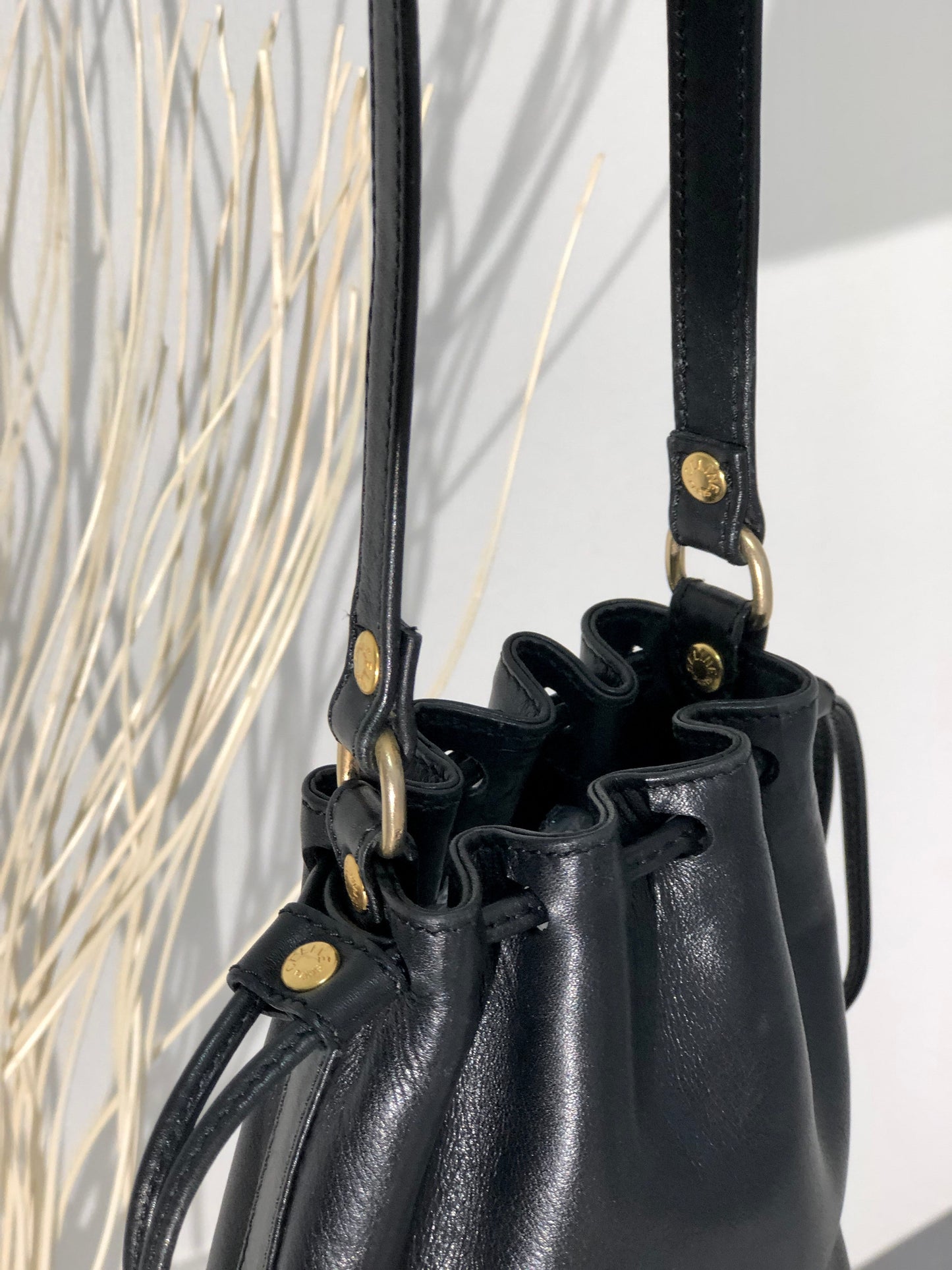 CELINE Drawstring Leather Shoulder bag Black Vintage Old Celine pixvug