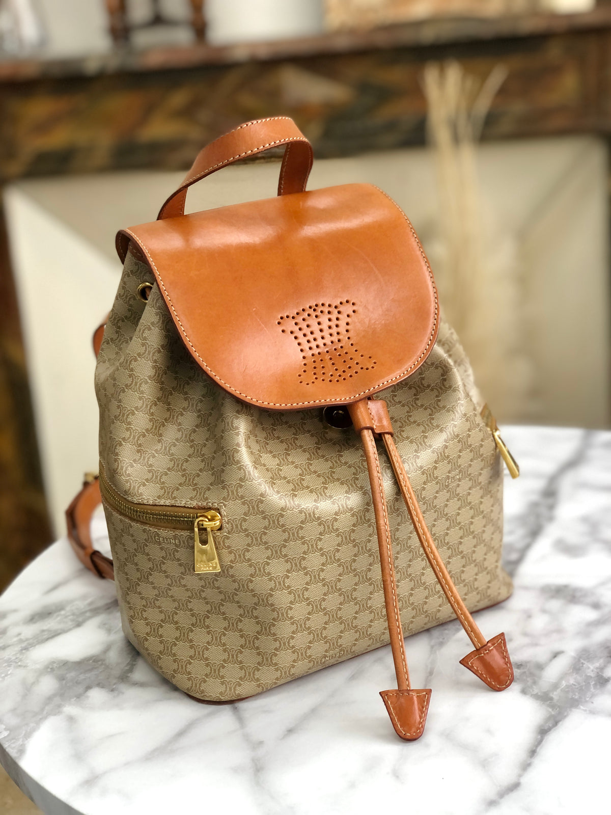 CELINE Macadam Triomphe Backpack Beige Vintage Old Celine mchxj3 