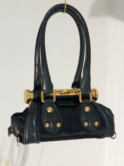 CELINE Triomphe Crocodile embossed Satin Clasp Handbag Black Vintage Old CELINE whwc45