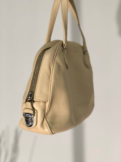 PRADA Embossed Logo Leather Boston bag Handbag Beige Vintage Old