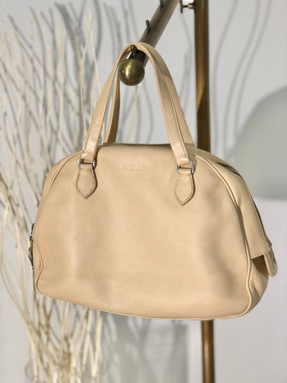 PRADA Embossed Logo Leather Boston bag Handbag Beige Vintage Old