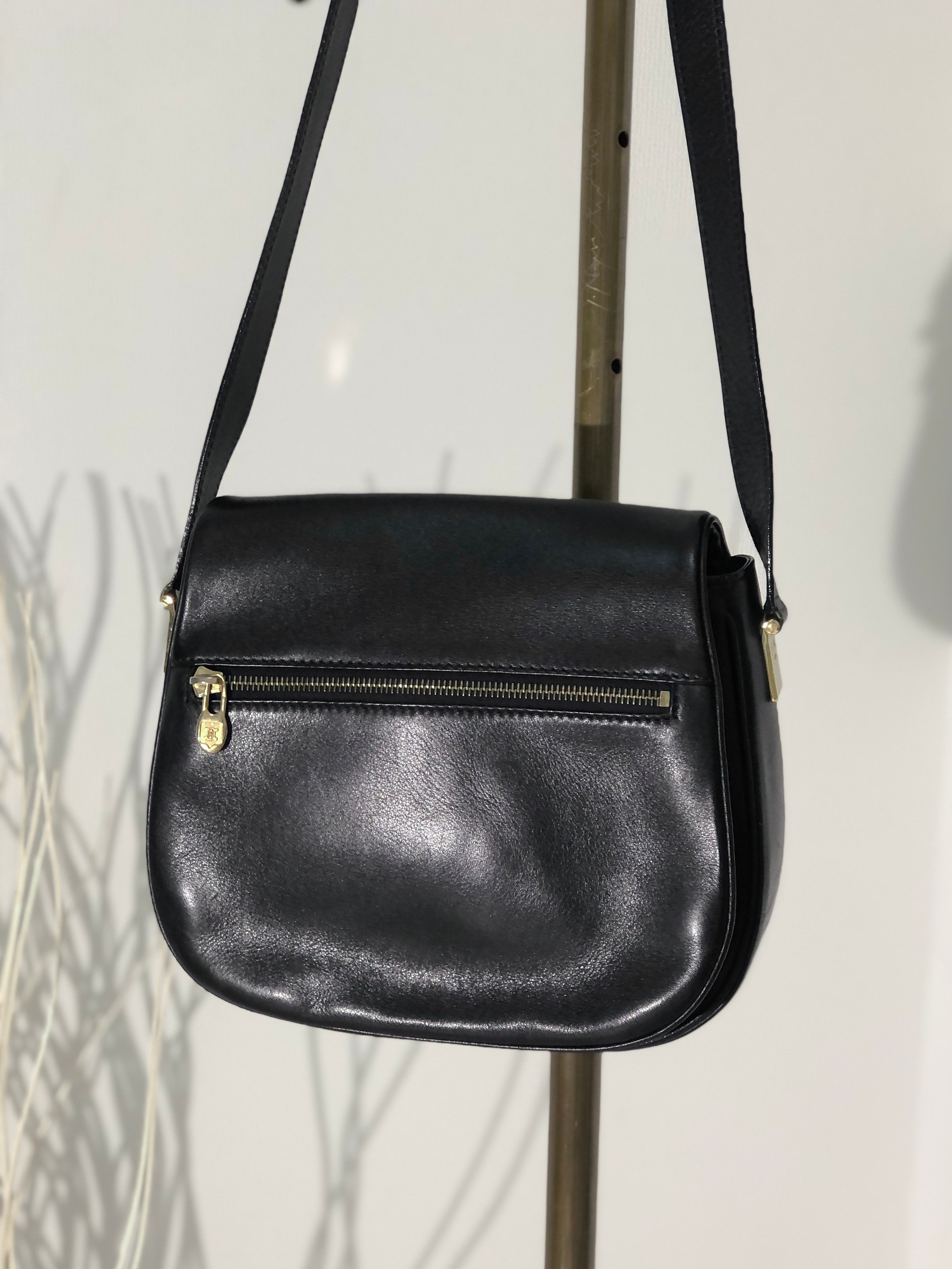 CELINE Front Zippier Flap Leather Shoulder bag Black Vintage Old Celin ...