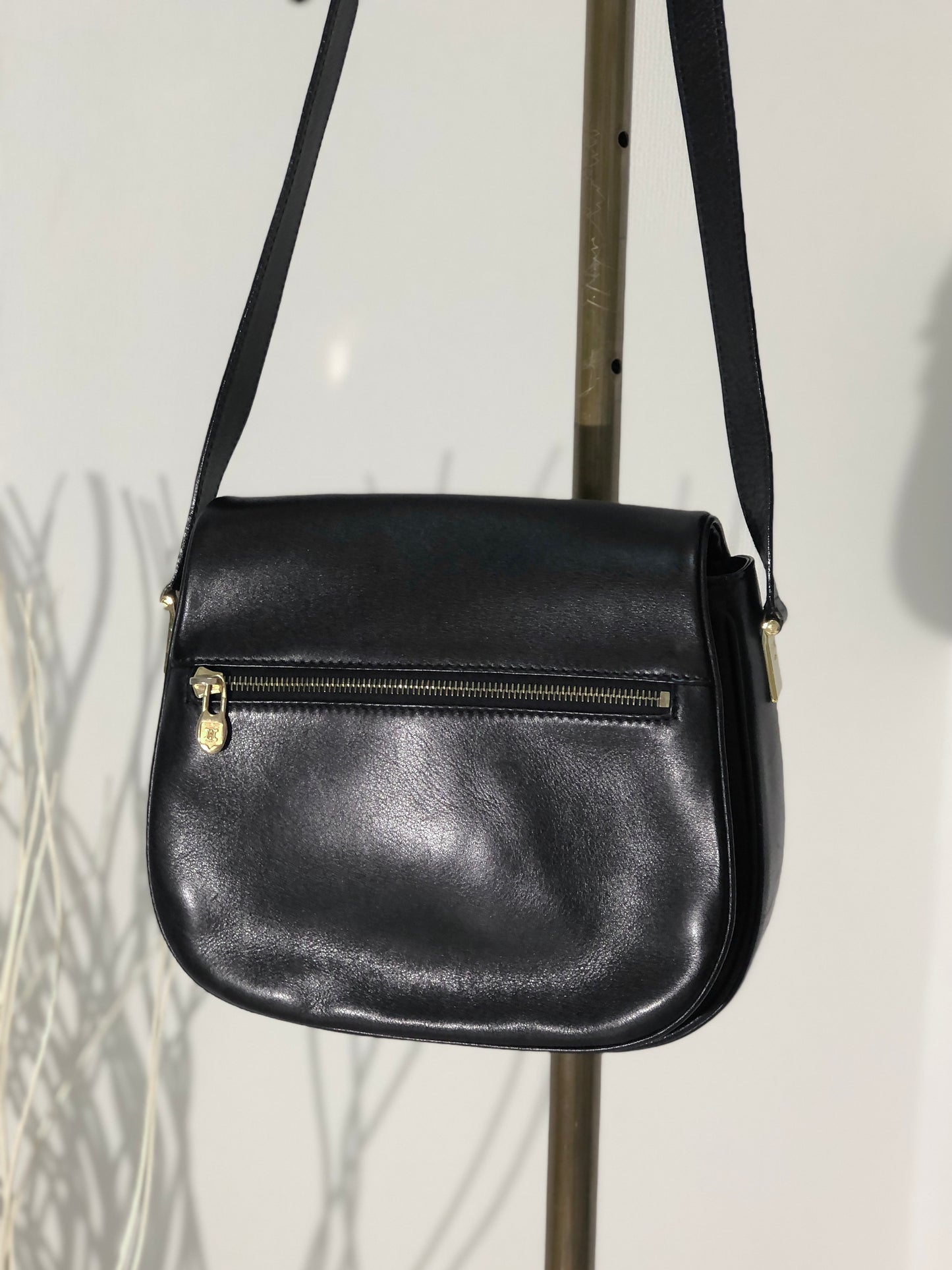 CELINE Front Zippier Flap Leather Shoulder bag Black Vintage Old Celine dbaxwe