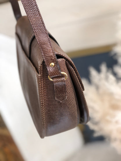 Yves Saint Laurent YSL logo Lizard embossed Round Shoulder bag Brown Vintage Old hw56ct
