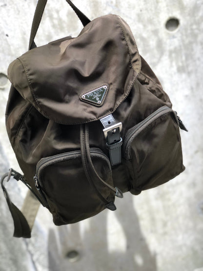 PRADA Triangle Logo Double Pocket Nylon Backpack Olive Green Vintage Old jp8x5n