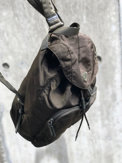 PRADA Triangle Logo Double Pocket Nylon Backpack Olive Green Vintage Old jp8x5n