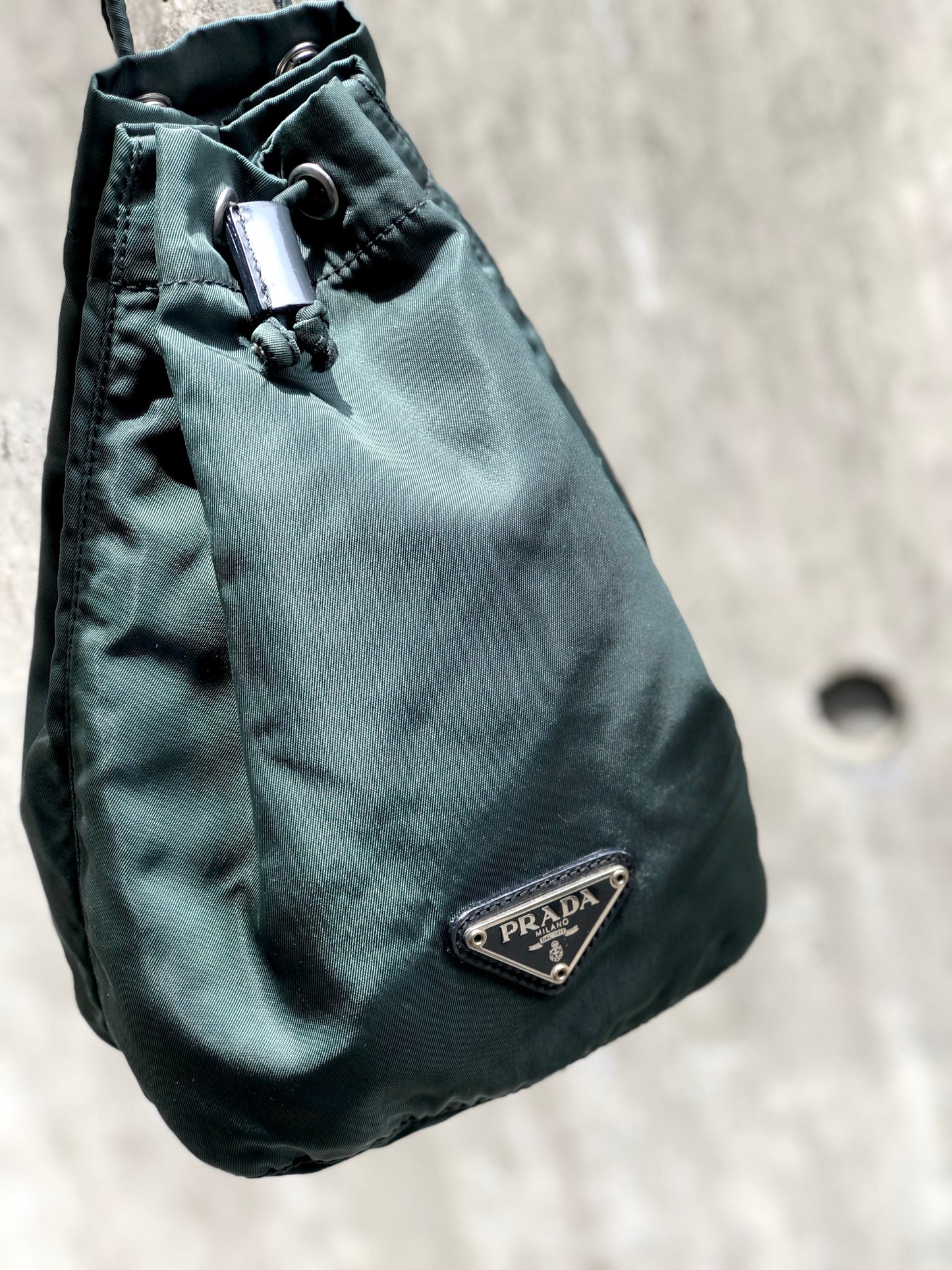 PRADA Triangle logo Nylon Drawstring Small Handbag Pouch Olive Green Vintage Old ytmp84