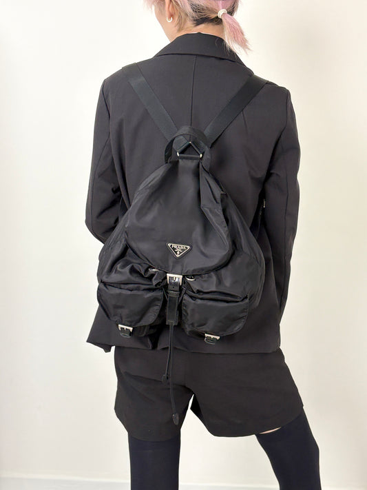 PRADA Tessuto Triangle Logo Double Pocket Backpack Black Vintage 8fef48