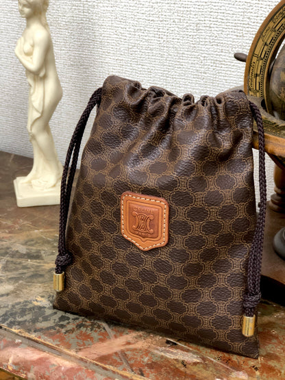 CELINE Macadam Drawstring Mini bag Pouch Brown Vintage Old CELINE x8kijv