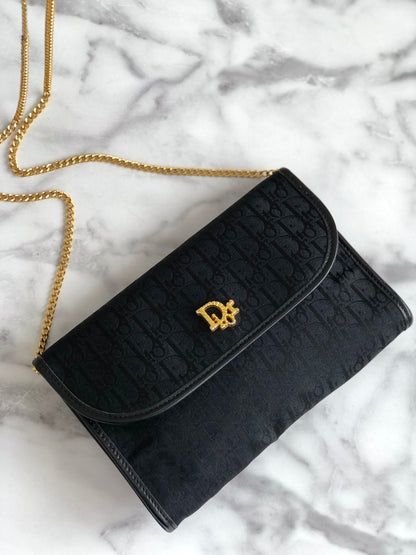 Christian Dior Logo Trotter 織物鏈條小號肩背包 黑色 復古 舊 weyn24
