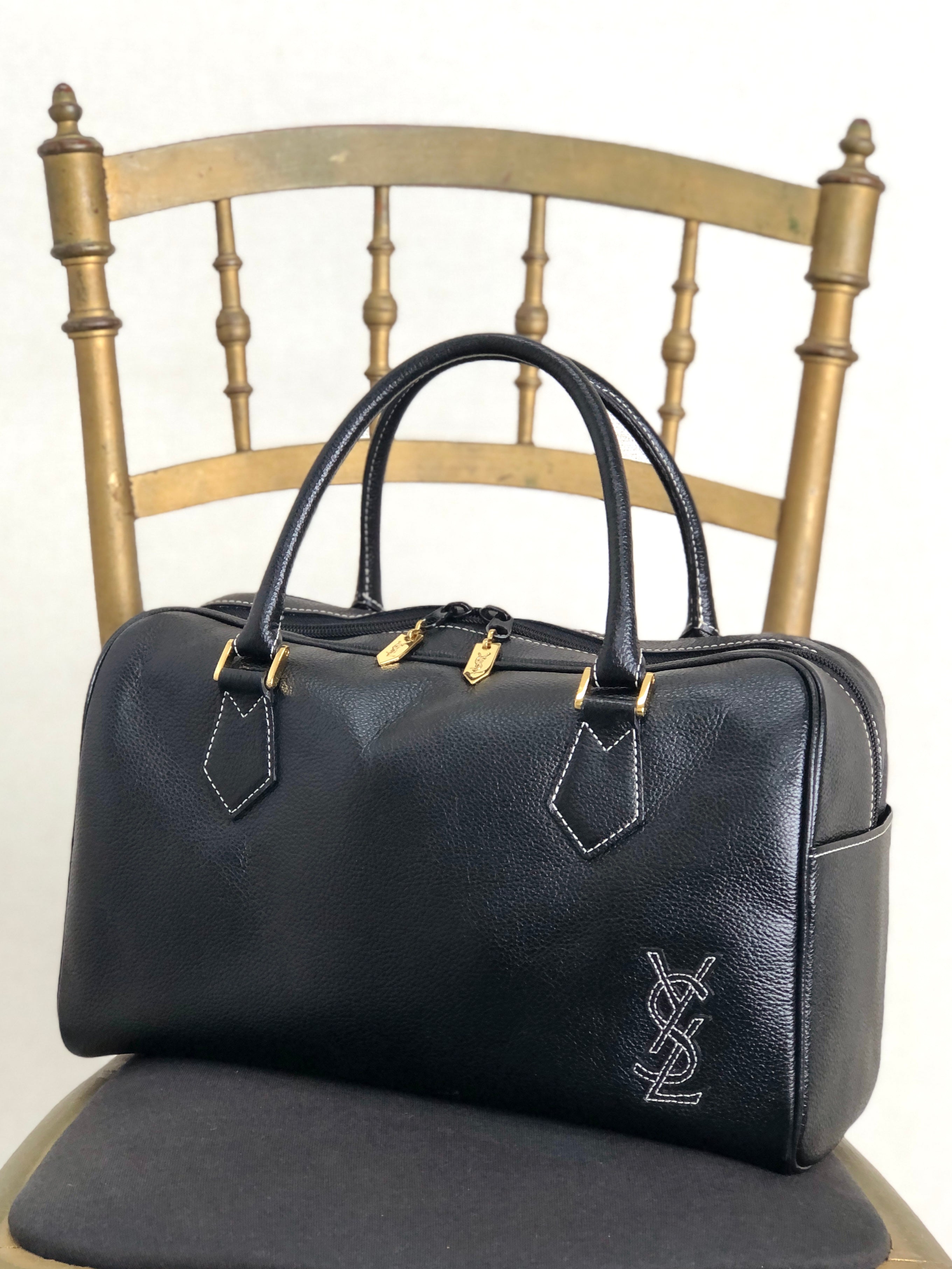Yves Saint Laurent YSL Logo Stitch Handbag Boston bag Black