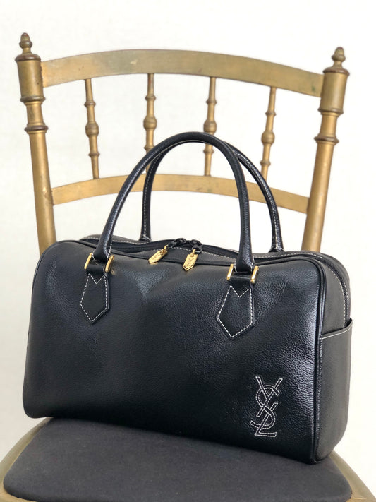 Yves Saint Laurent YSL Logo Stitch Handbag Boston bag Black Vintage bkgyti