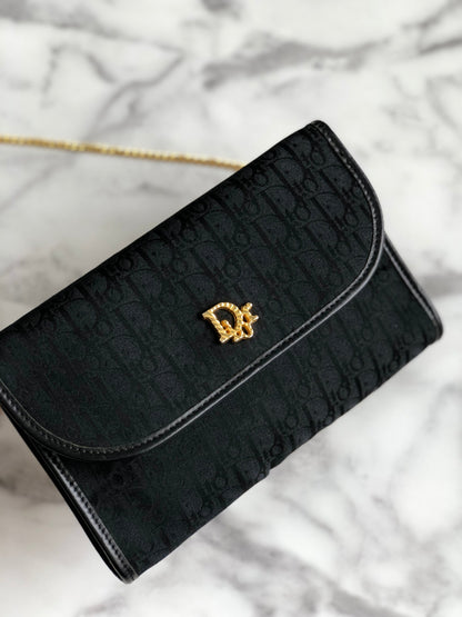 Christian Dior Logo Trotter 織物鏈條小號肩背包 黑色 復古 舊 weyn24