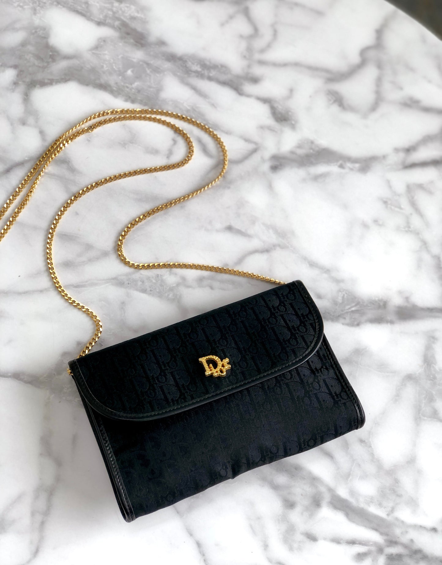 Christian Dior Logo Trotter Fabric Chain Small Shoulder bag Black Vintage Old weyn24
