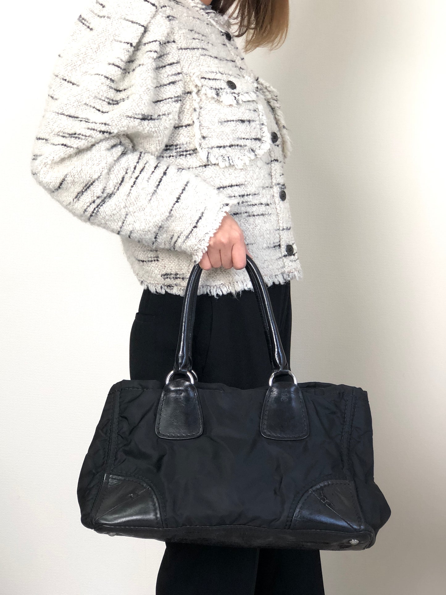 PRADA Triangle Logo Handbag Totebag Black Vintage wd67a4