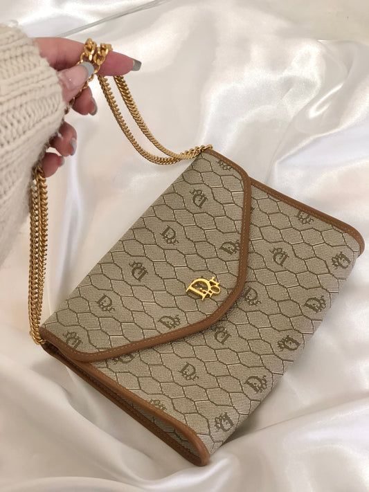 Christian Dior Logo Honeycomb Pattern Chain Crossbody Shoulderbag Beige Vintage Old cdtzdw