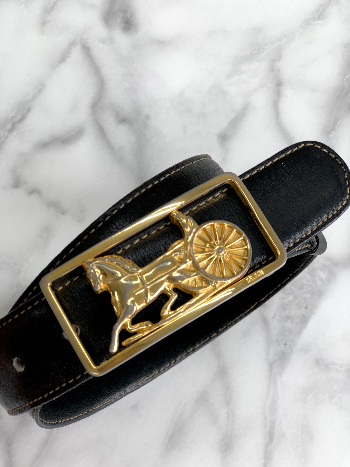 CELINE Horse carriage Leather Belt Black Vintage Old Celine dz2mnt