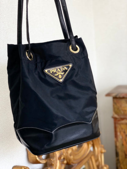 PRADA Triangle logo Nylon Bucket Tote bag Black Vintage 6azkzz