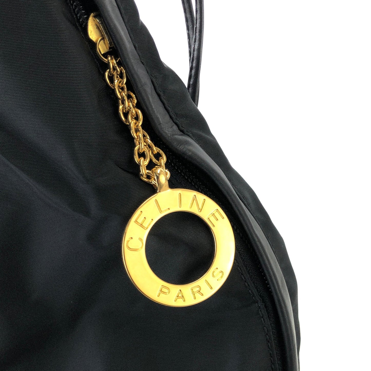 CELINE Circle charm Drawstring Nylon Shoulder bag Black Vintage Old CELINE 7cfvvt