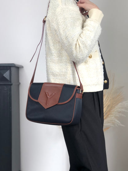 Yves Saint Laurent Logo Shoulder bag Navy×Brow× Vintage v76bcn