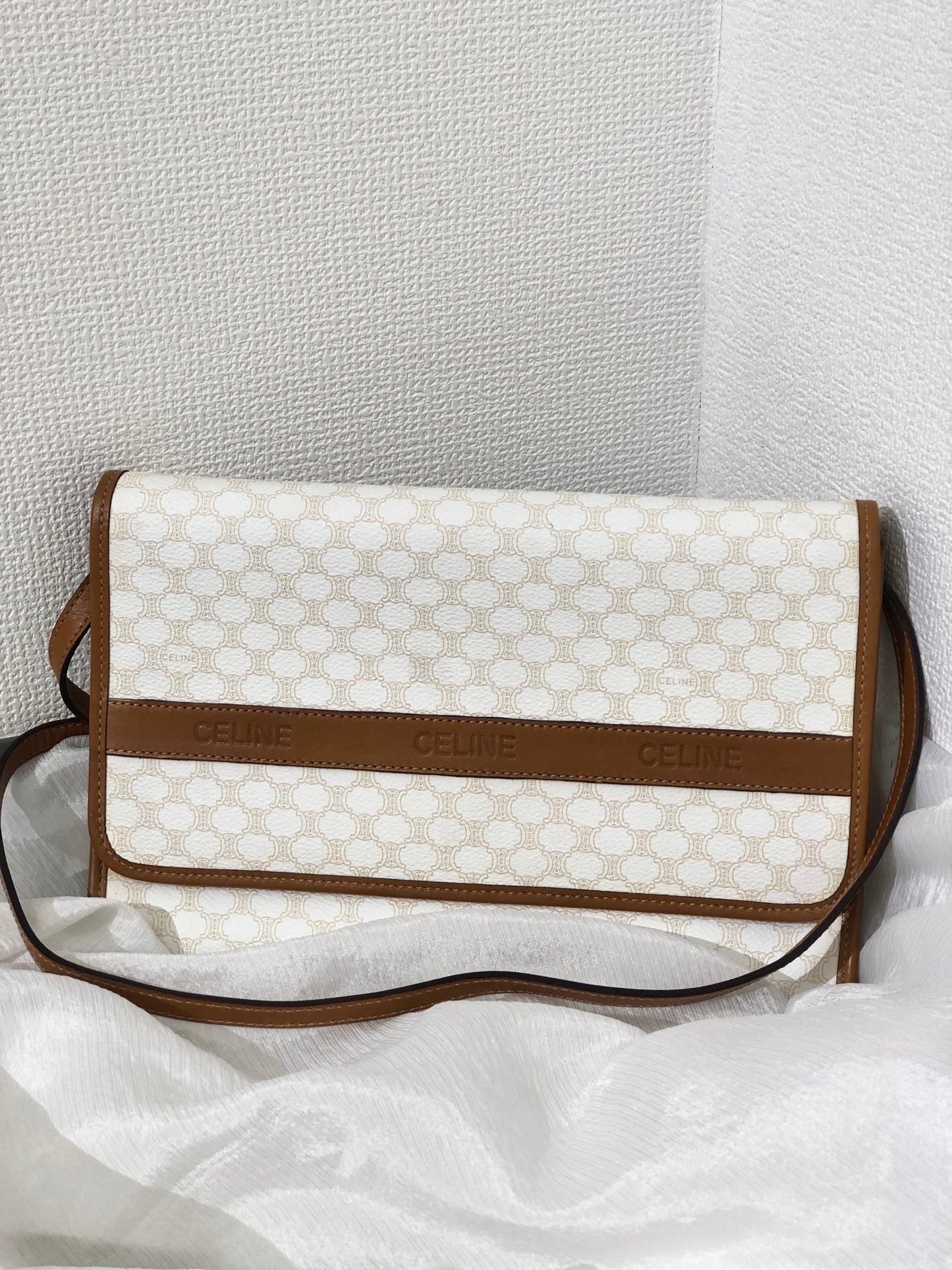 CELINE Macadam Logo Crossbody Shoulder bag White Vintage 2wpj6r