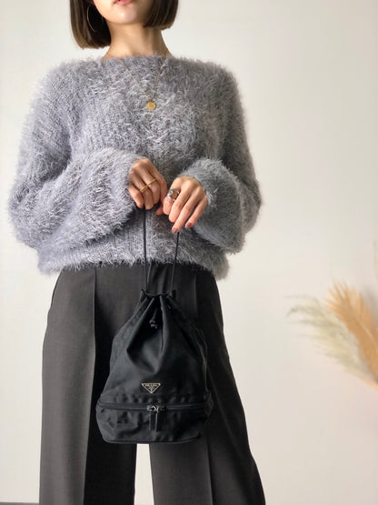 PRADA Triangle Logo Nylon Drawstring Handbag Black Vintage j8fkau