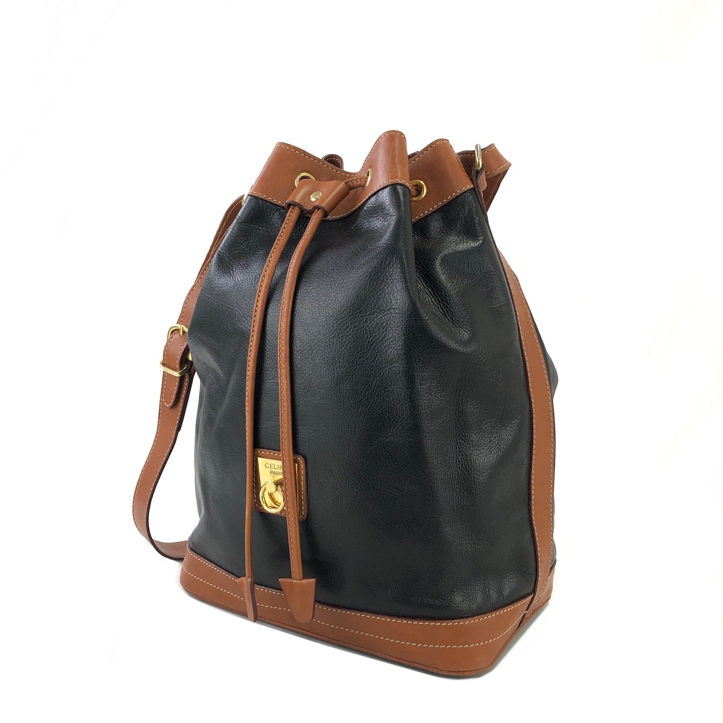 CELINE Gancini Drawstring Shoulder bag Black Vintage Old Celine 55arh8