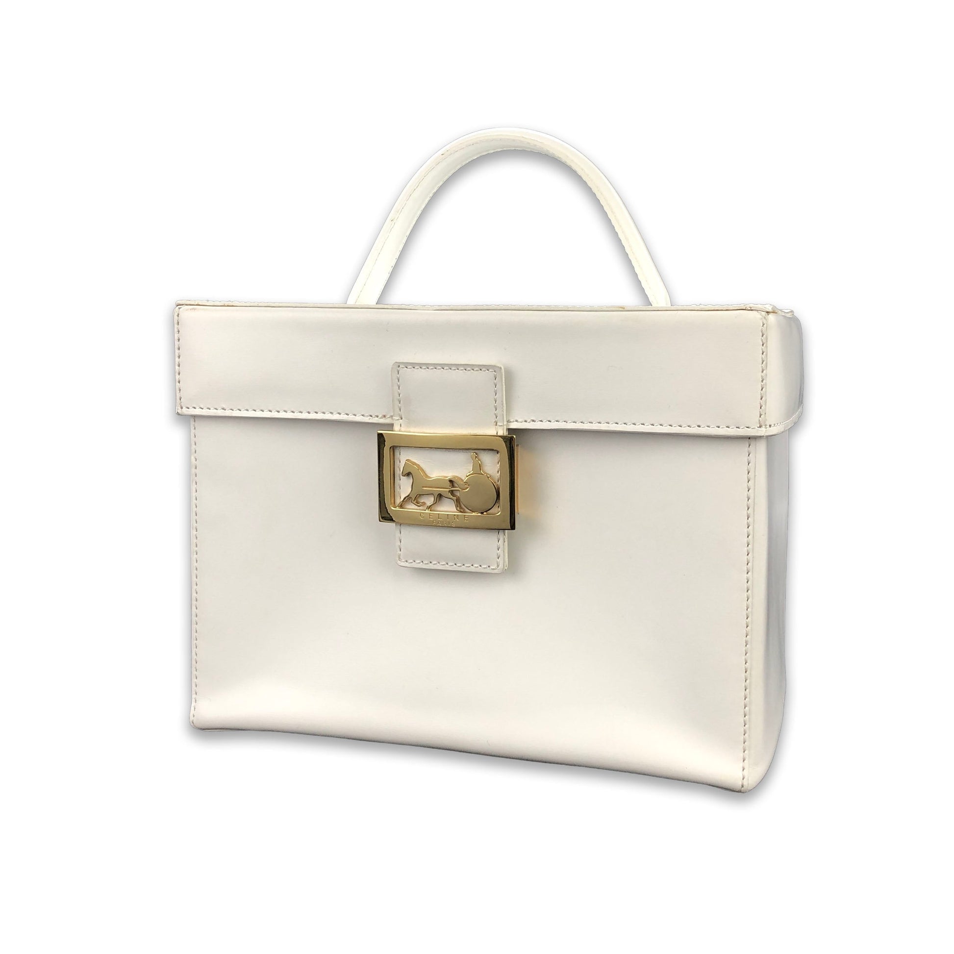 Celine Vintage Creamy White Patent Leather Gold Carriage Logo Flap