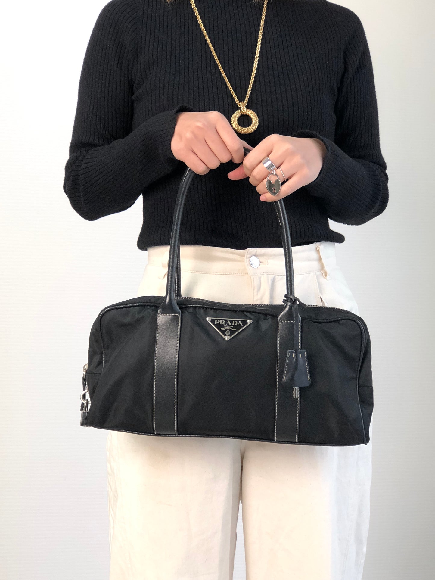 PRADA Tessuto Triangle Logo Padlock Small Boston bag Handbag Black Vintage xxiw34