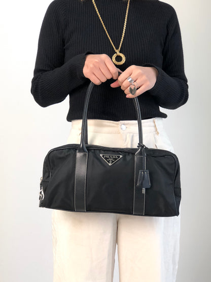 PRADA Tessuto Triangle Logo Padlock Small Boston bag Handbag Black Vintage xxiw34