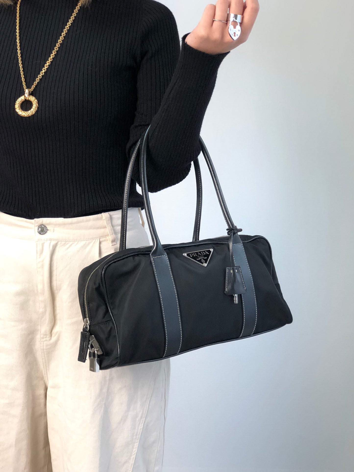 PRADA Tessuto Triangle Logo Padlock Small Boston bag Handbag Black Vintage xxiw34