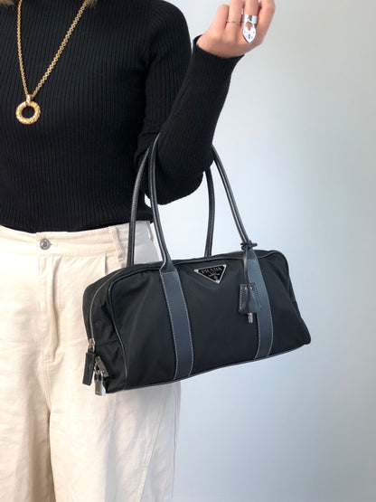 PRADA Tessuto Triangle Logo Padlock Small Boston bag Handbag Black Vintage xxiw34