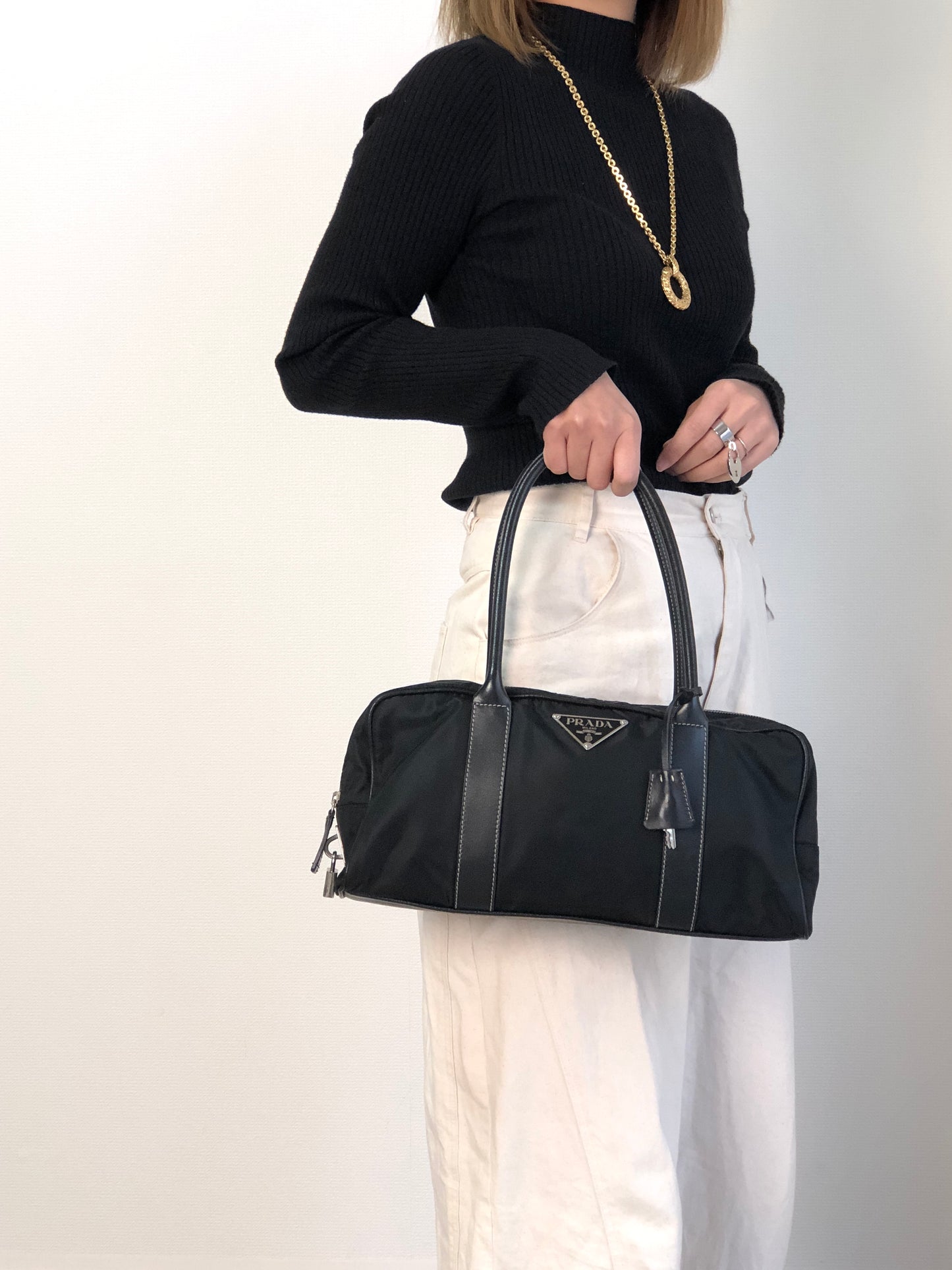 PRADA Tessuto Triangle Logo Padlock Small Boston bag Handbag Black Vintage xxiw34