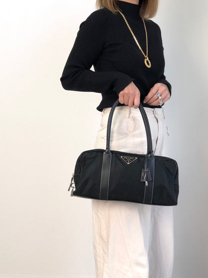 PRADA Tessuto Triangle Logo Padlock Small Boston bag Handbag Black Vintage xxiw34