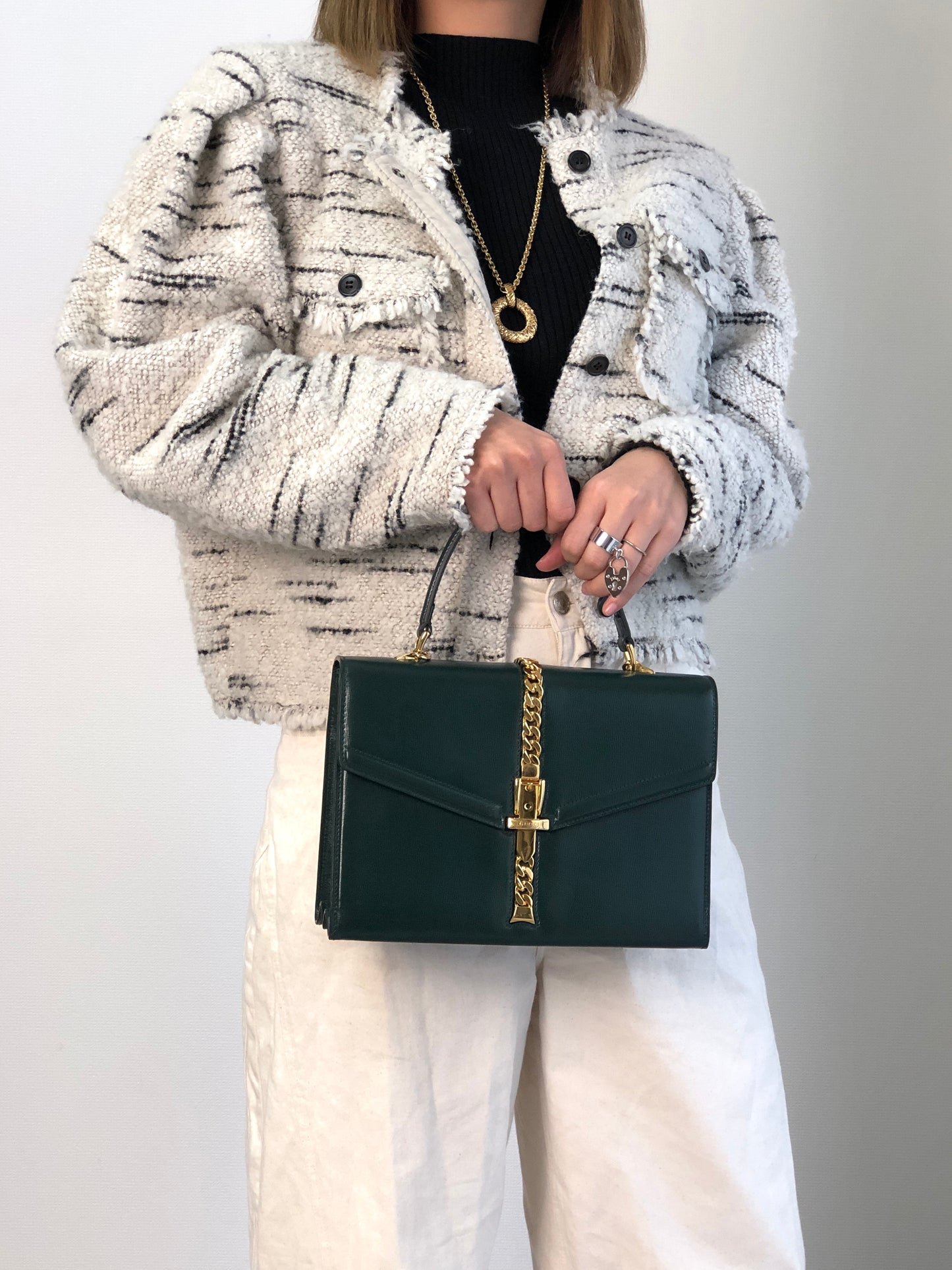 GUCCI Belt Motif Handbag Green Vintage 2vw4nm